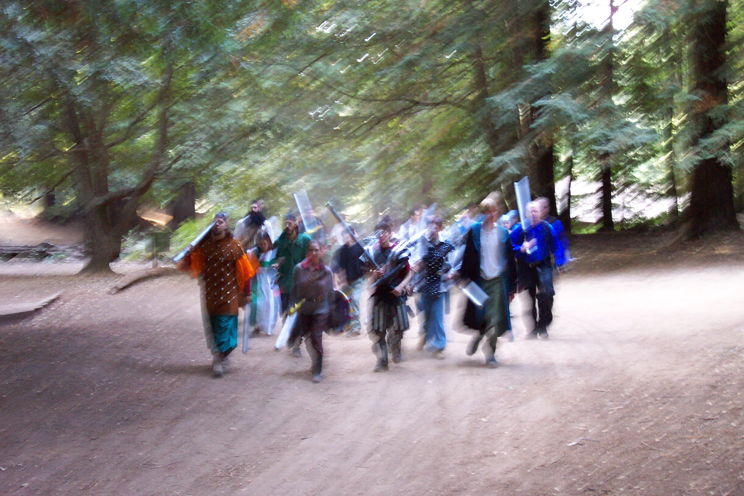Adventurers march along the road.